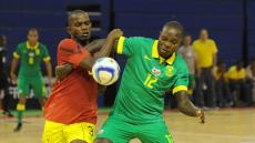 Wiseman Cele of South Africa is challenged by Manuel Francisco of Mozambique during the Futsal African Cup of Nations match between South Africa and Mozambique on 15 April 2016 at Ellis Park Stadium Pic Sydney Mahlangu/ BackpagePix